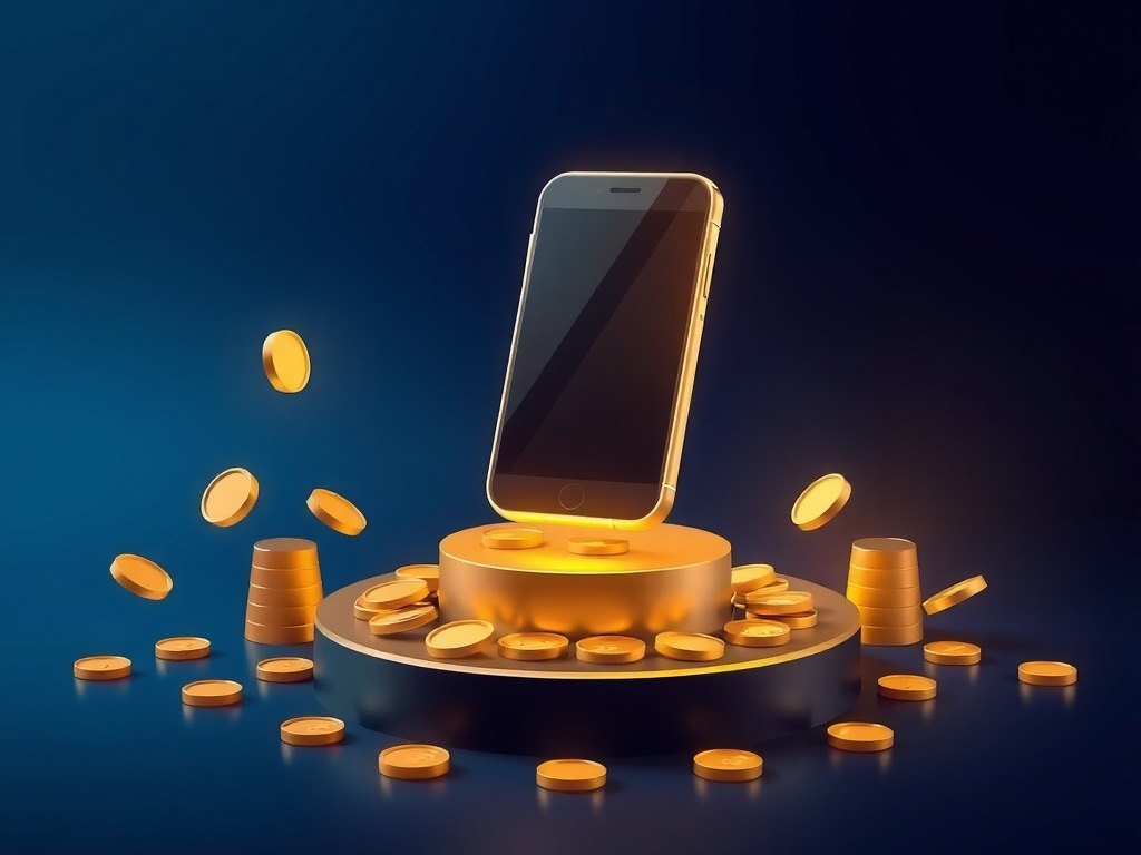 Golden smartphone on a pedestal surrounded by gold coins