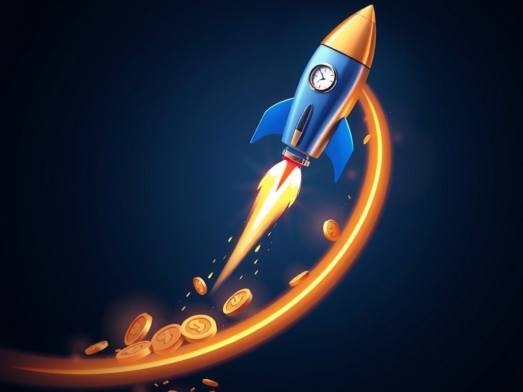 Rocket climbing a glowing curved trail