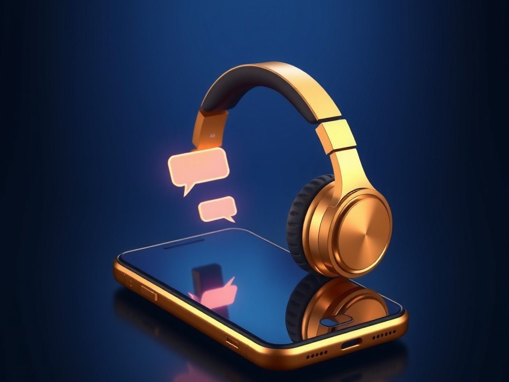 Golden headset beside a glowing smartphone