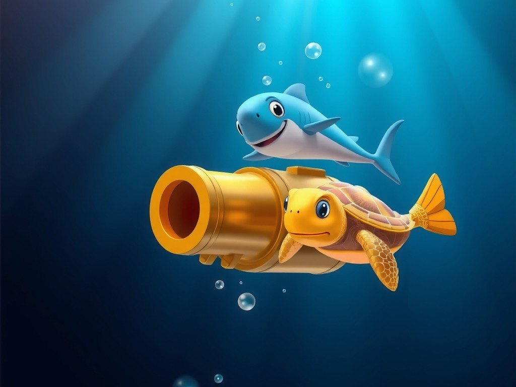 Golden fish, shark and turtle around a golden cannon underwater