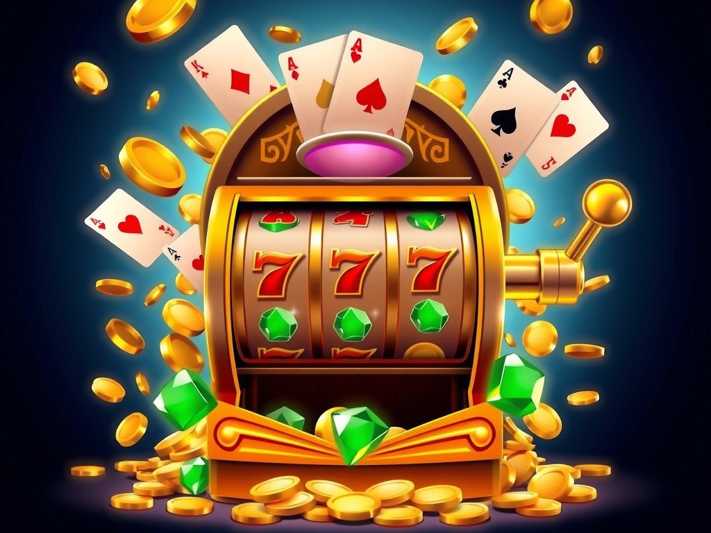 Golden slot machine overflowing with coins and gems