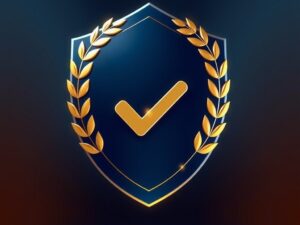 Golden shield badge with a laurel wreath and checkmark