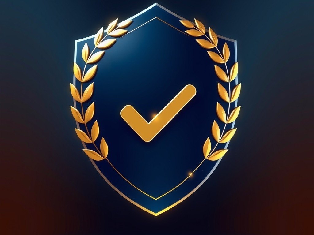 Golden shield badge with a laurel wreath and checkmark