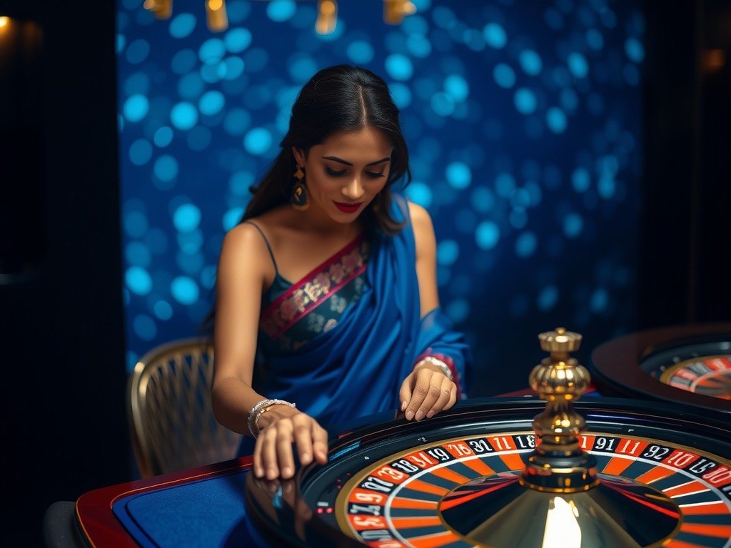Dealer in a blue saree spinning a roulette wheel