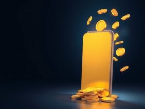 Gold card and coins flowing into a smartphone