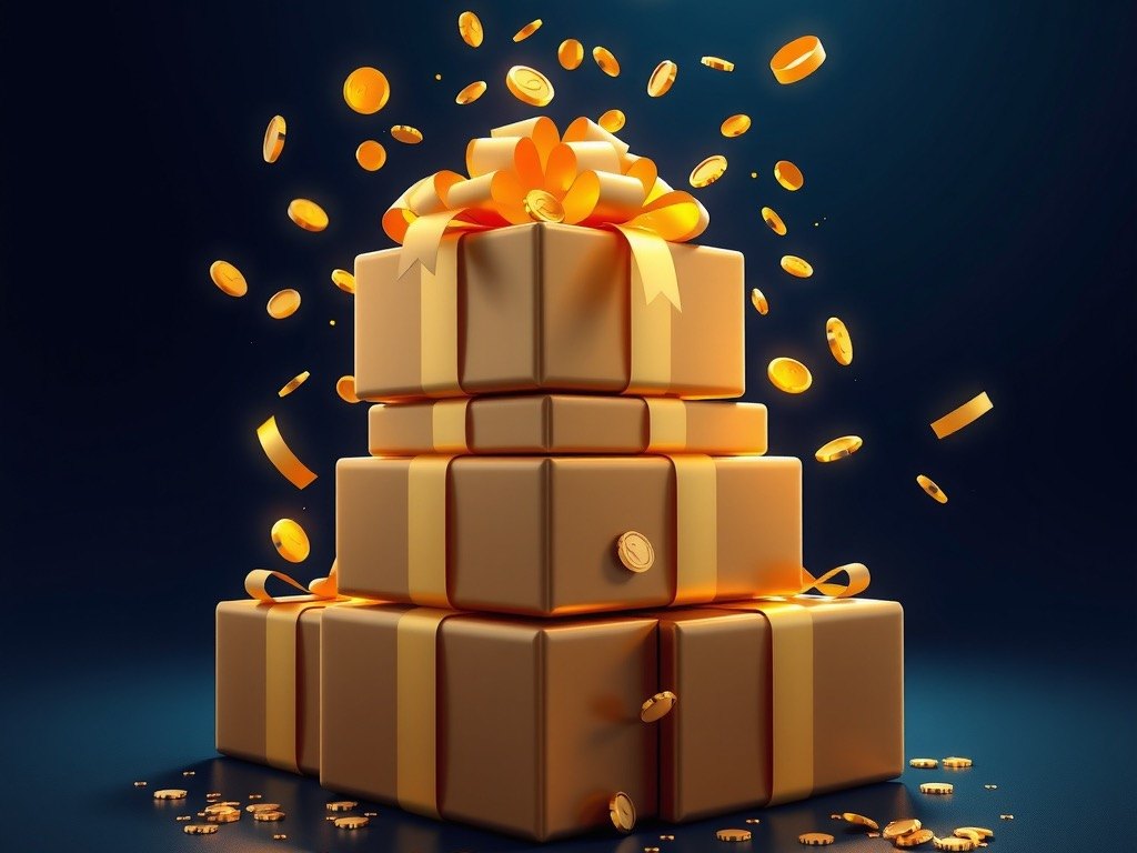 Stack of golden gift boxes bursting with coins