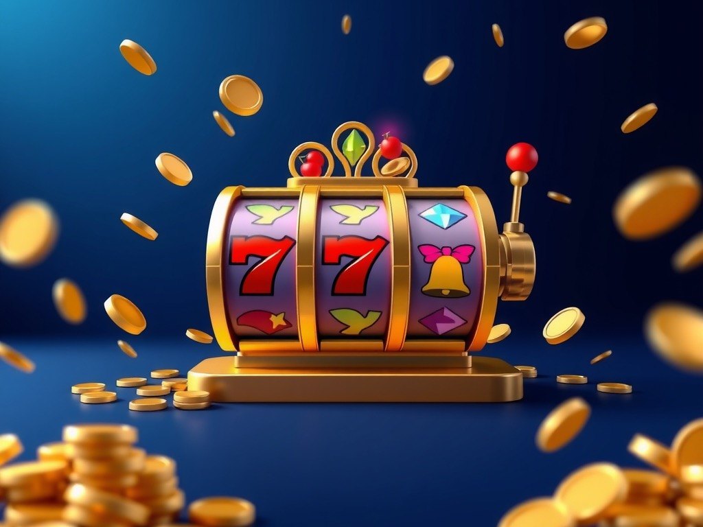 Golden slot machine with spinning reels and coins