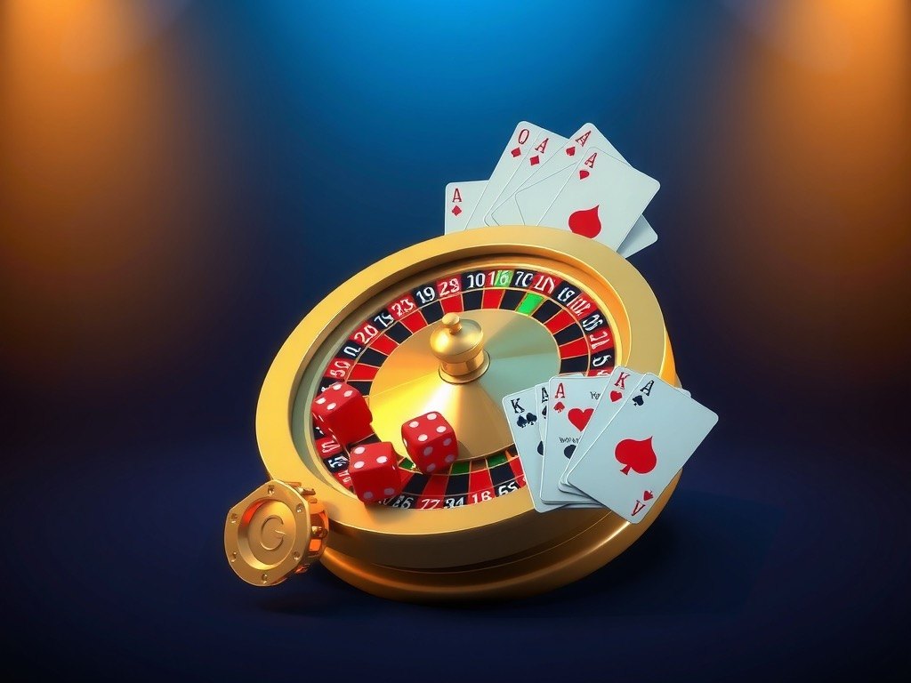 Golden roulette wheel with dice and playing cards