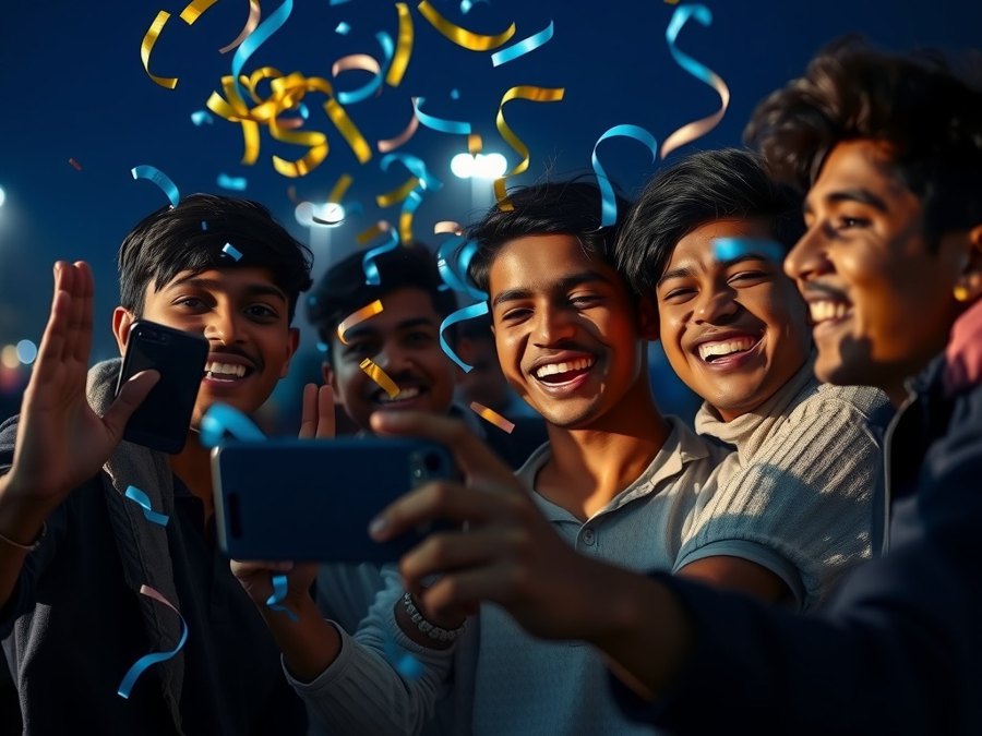 Friends cheering at a smartphone