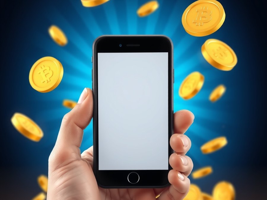 Hand holding a smartphone with gold coins