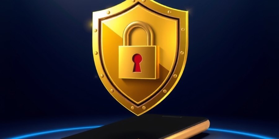 Golden shield with a padlock above a smartphone
