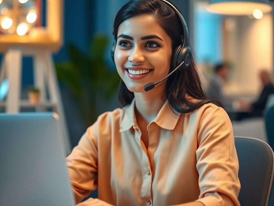 Support agent with a headset at a laptop