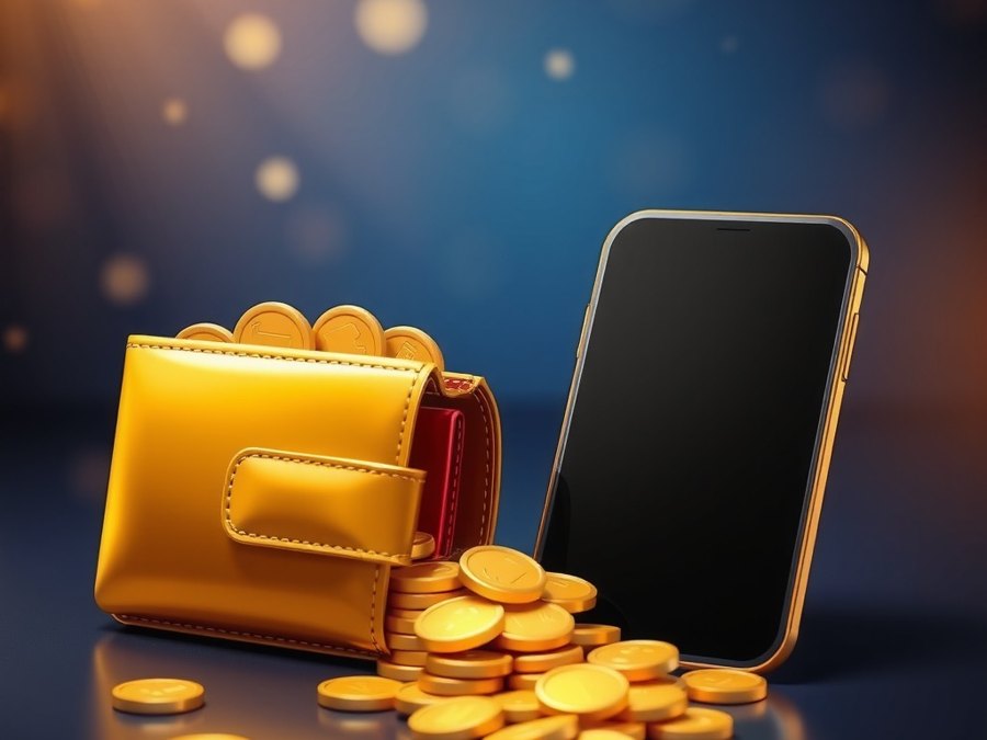 Golden wallet with coins beside a smartphone