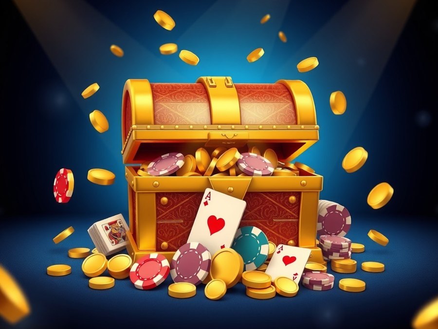 Treasure chest of gold coins, chips and playing cards